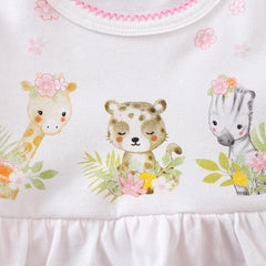 Lovely Three Animals Printed Fold Edge Long-sleeve Baby Girl Jumpsuit