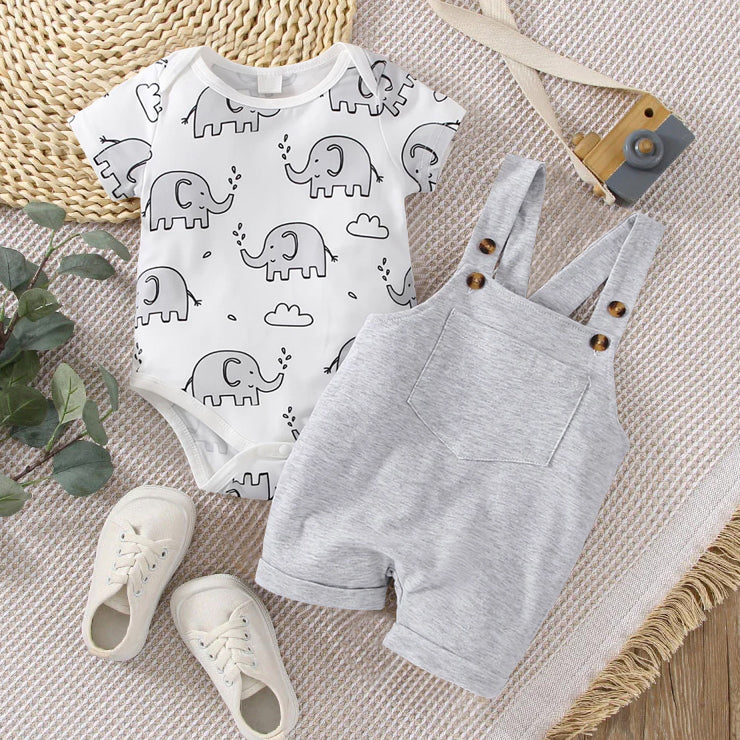 Ensemble bébé à manches courtes imprimé éléphant 2 pièces
