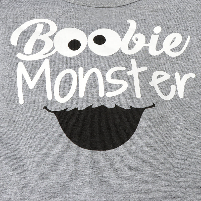 3 peças macacão estampado com letras "Boobie Monster" com calças estampadas em leite conjunto de bebê
