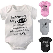 "I'm Too Young for A Mask So Please Keep Your Distance Before My Mommy" Cute Letter Printed Short Sleeve Baby Romper