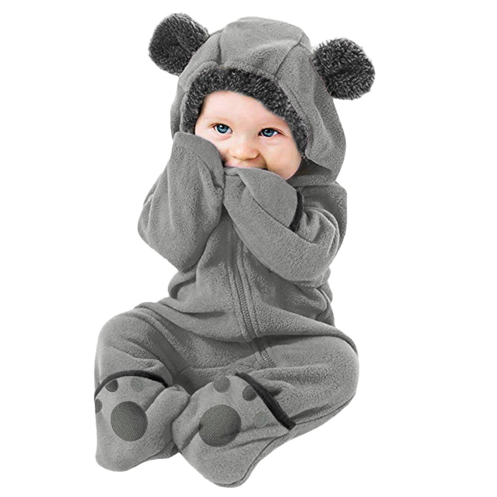 Bebê recém-nascido menino menina cor sólida desenho animado 3D urso orelha manga comprida veludo macacão com capuz