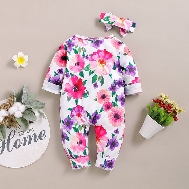 Infant Baby Long Sleeve Floral Printed Zipper Jumpsuit
