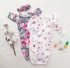 Pijama e tiara com estampa floral adorável para bebê recém-nascido