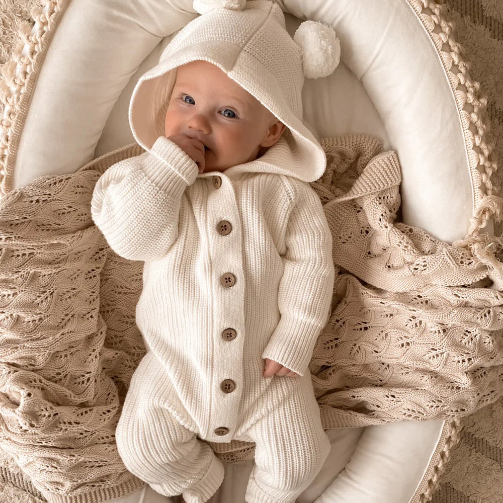 Jolie combinaison à capuche à manches longues pour bébé de couleur unie