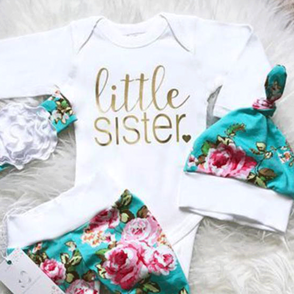 Barboteuse imprimée avec lettres «petite sœur», 4 pièces, pantalon imprimé Floral, ensemble pour bébé fille