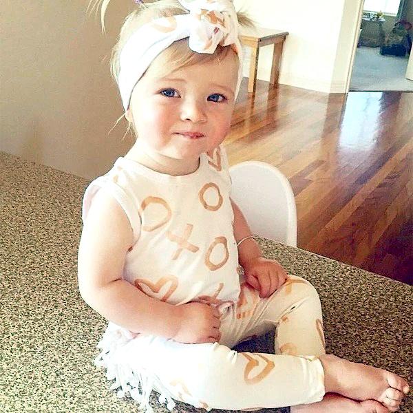 2 peças adorável bebê menina coração estampado macacão + faixa de cabeça