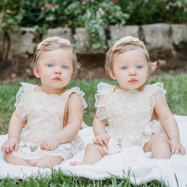 Pretty Solid Color Printed Lace Decor Sleeveless Baby Girl Romper