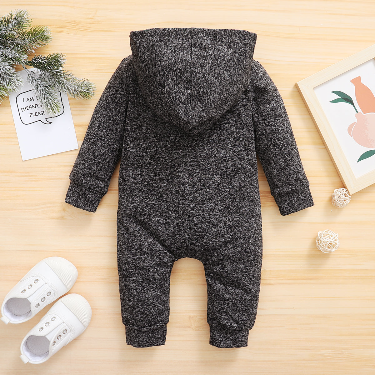 Automne et hiver belle combinaison à capuche pour bébé à manches longues imprimée gris foncé