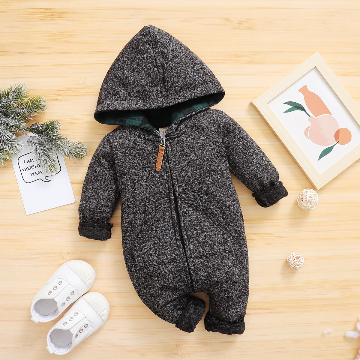 Automne et hiver belle combinaison à capuche pour bébé à manches longues imprimée gris foncé