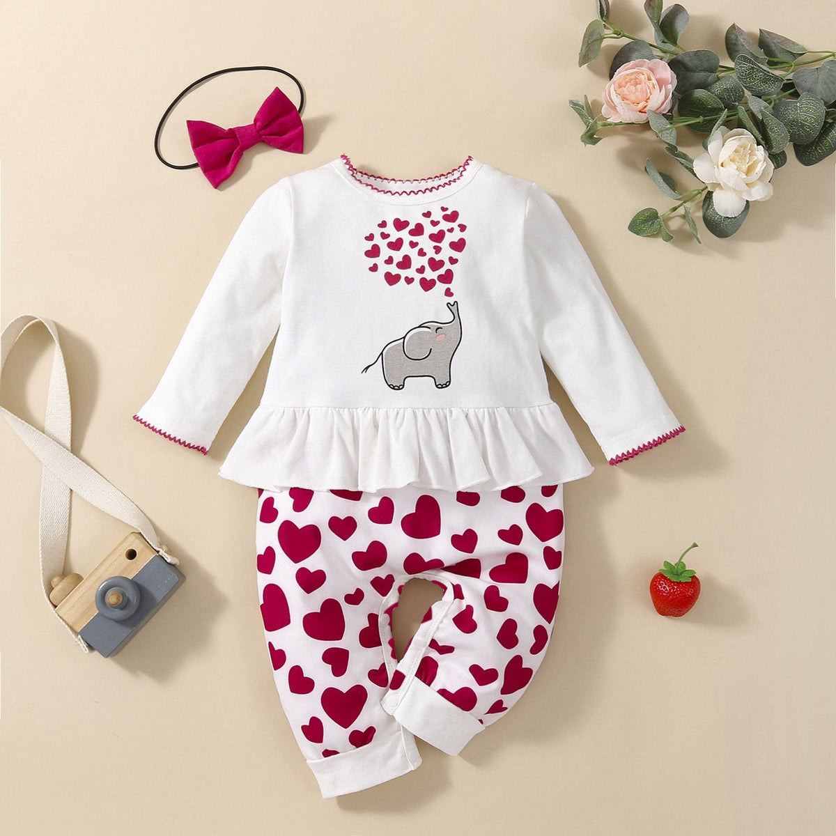 Combinaison pour bébé, 2 pièces, imprimé mignon, dessin animé, éléphant, cœur, imprimé