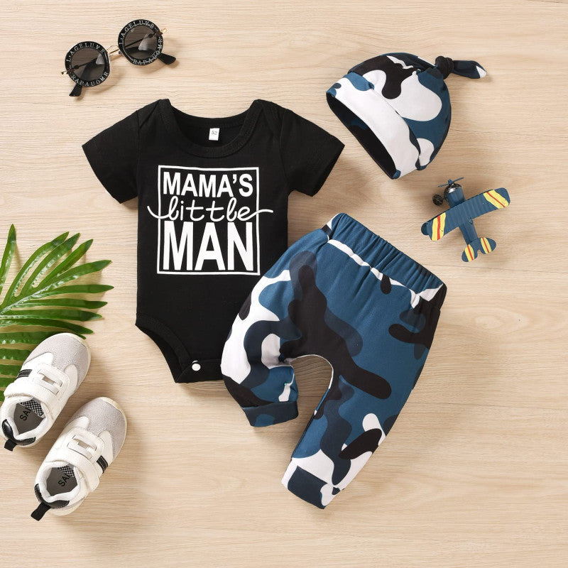 Conjunto de bebê estampado com letras camufladas do homenzinho da mamãe 3 peças
