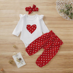 Conjunto de 3 peças de macacão de manga comprida estampado em formato de coração para bebês recém-nascidos e calças de bolinhas vermelhas