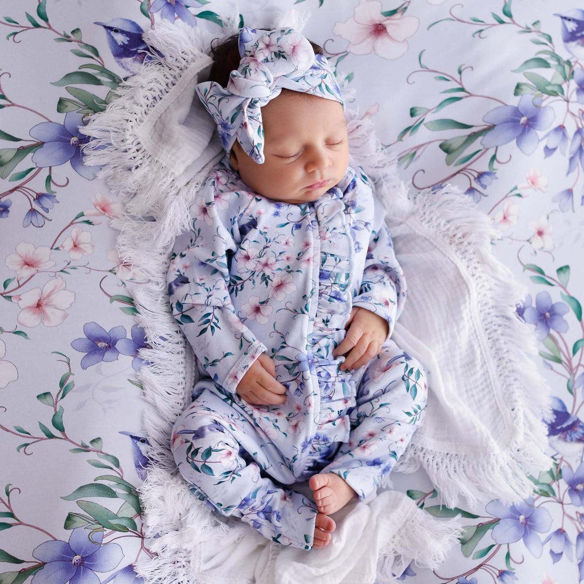 2PCS Pretty Floral Printed Long Sleeve Baby Jumpsuit