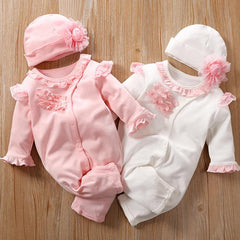 Combinaison pour bébé à manches longues, 2 pièces, joli bord pliable, imprimé uni, avec chapeau