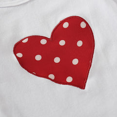 Conjunto de 3 peças de macacão de manga comprida estampado em formato de coração para bebês recém-nascidos e calças de bolinhas vermelhas