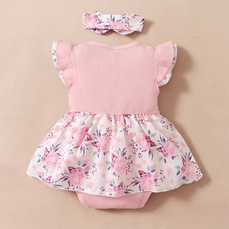 2PCS Lovely Floral Printed Baby Romper