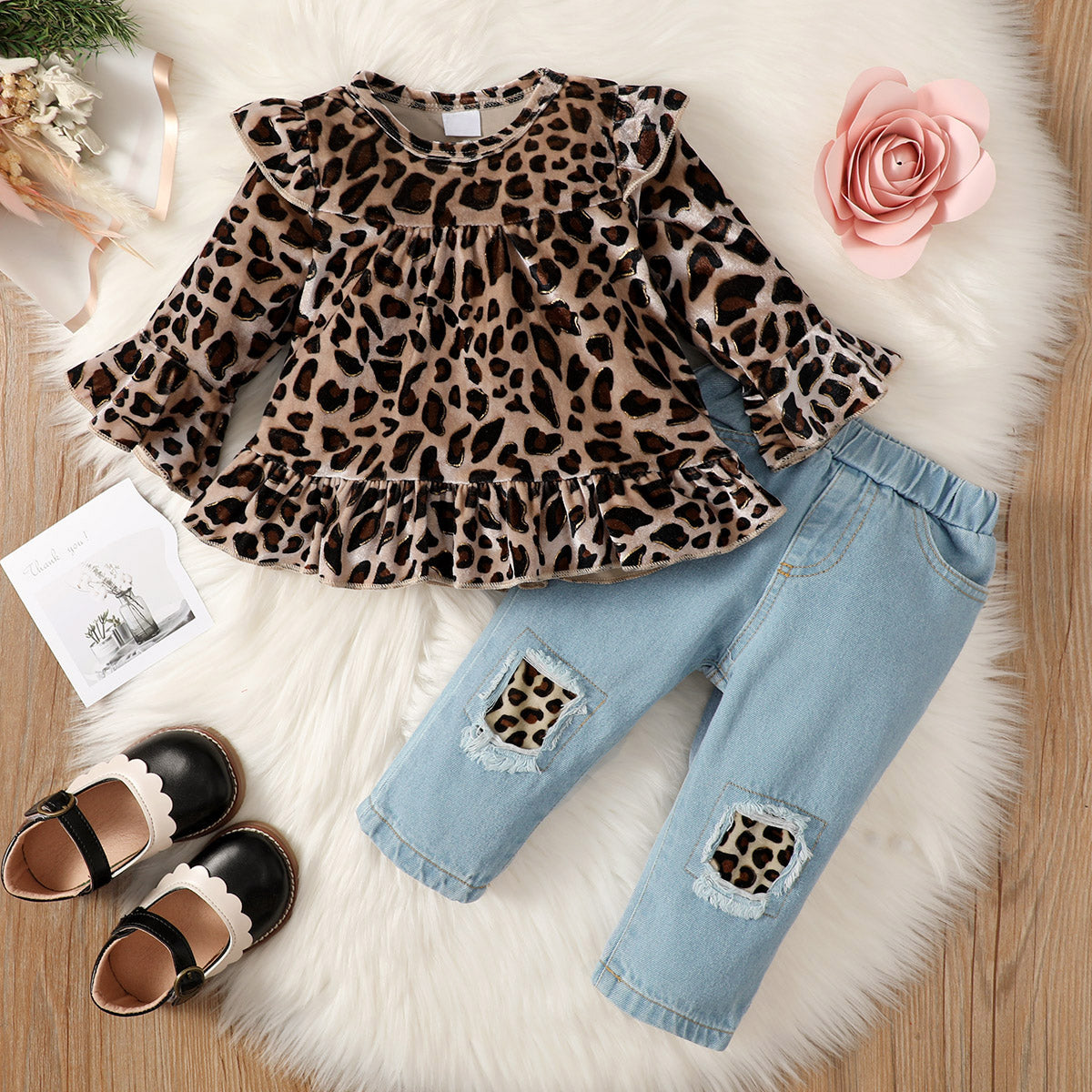 2 peças de conjunto de bebê com estampa de leopardo fofo