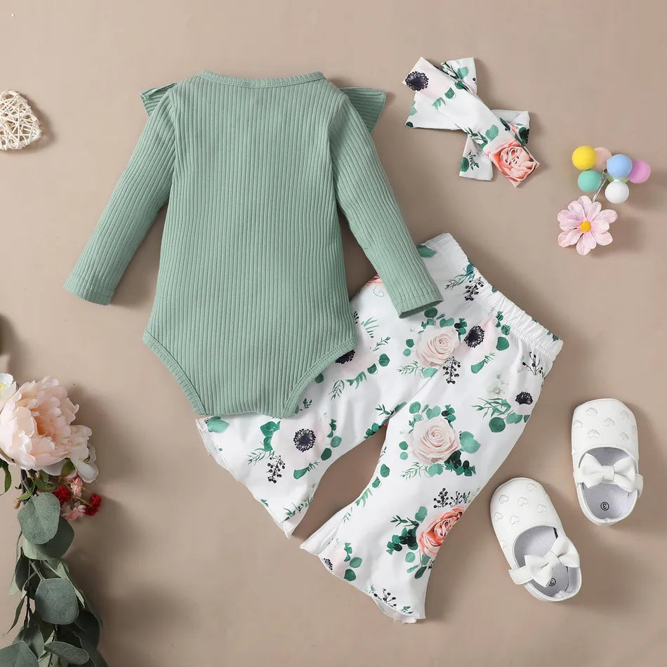 3PCS My Mom Is My Bestie Letter Floral Print Baby Set