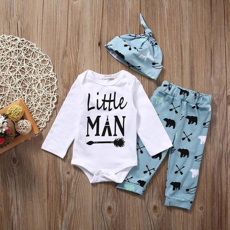 Conjunto de 3 peças "Little Man" com estampa de urso de manga comprida para bebê menino