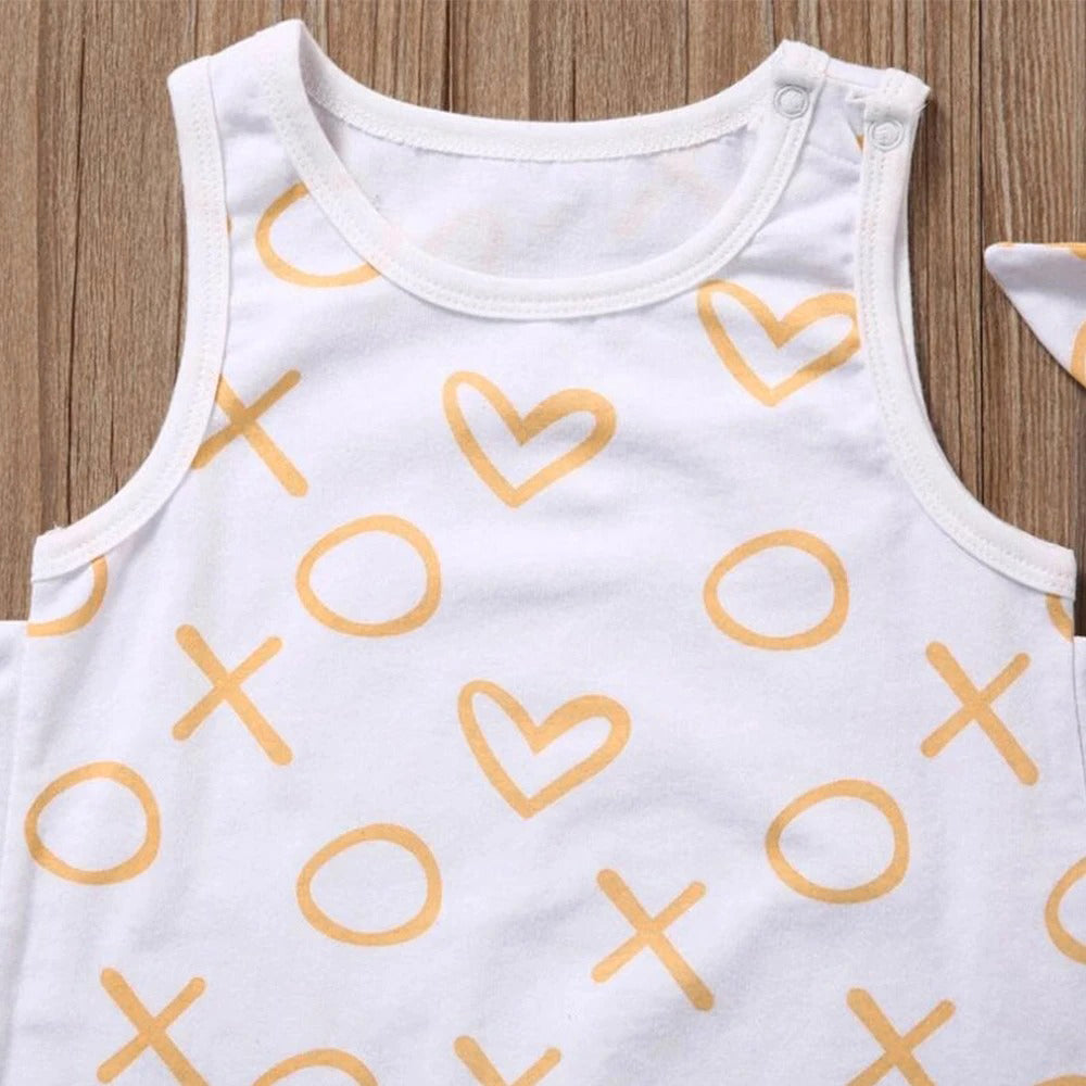 2 peças adorável bebê menina coração estampado macacão + faixa de cabeça