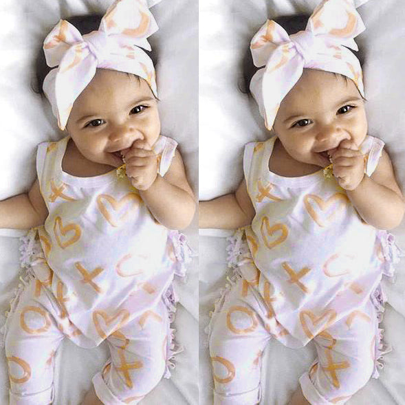 2PCS Lovely Baby Girl Heart Printed Bodysuit Romper+Headband