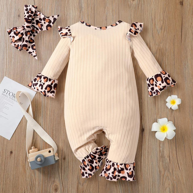 2PCS Lovely Heart Leopard Printed Long Sleeve Baby Jumpsuit