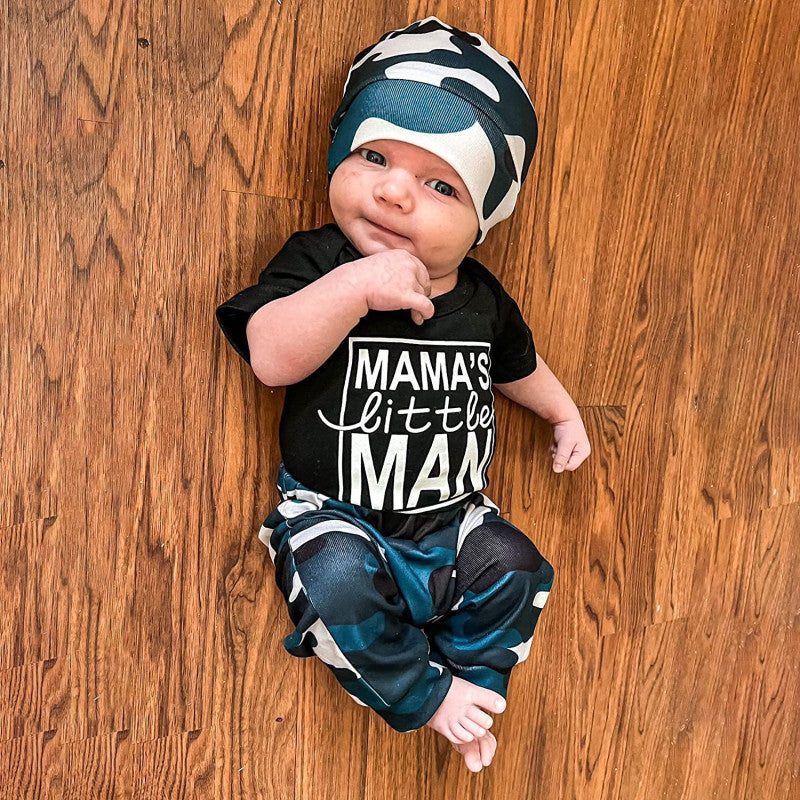 Conjunto de bebê estampado com letras camufladas do homenzinho da mamãe 3 peças