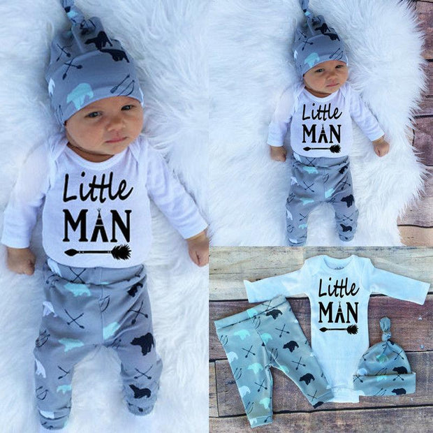 3PCS "Little Man" Bear Printed Long Sleeve Baby Boy Set