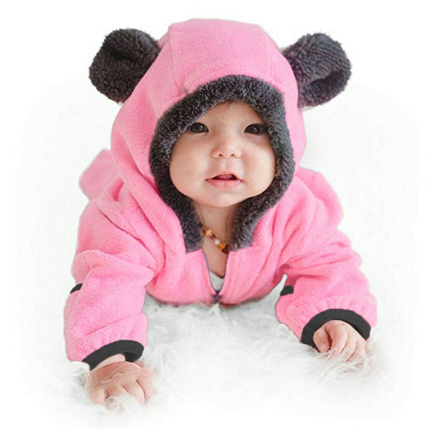 Newborn Baby Boy Girl Solid Color Cartoon 3D Bear Ear Long Sleeve Velvet Hoodie Jumpsuit