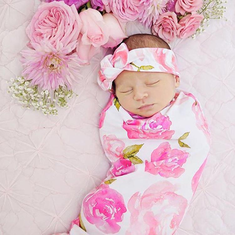 Newborn Cute Pink Flower Print Sleeping Bag Hat Set