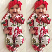2PCS Lovely Full Floral Printed Long-sleeve Baby Jumpsuit With Headband