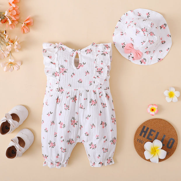 2PCS Pretty Floral Printed Baby Sleeveless Jumpsuit