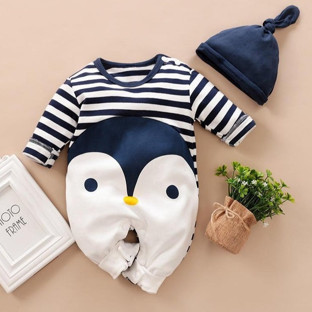 Striped Penguin Print Jumpsuit and Hat
