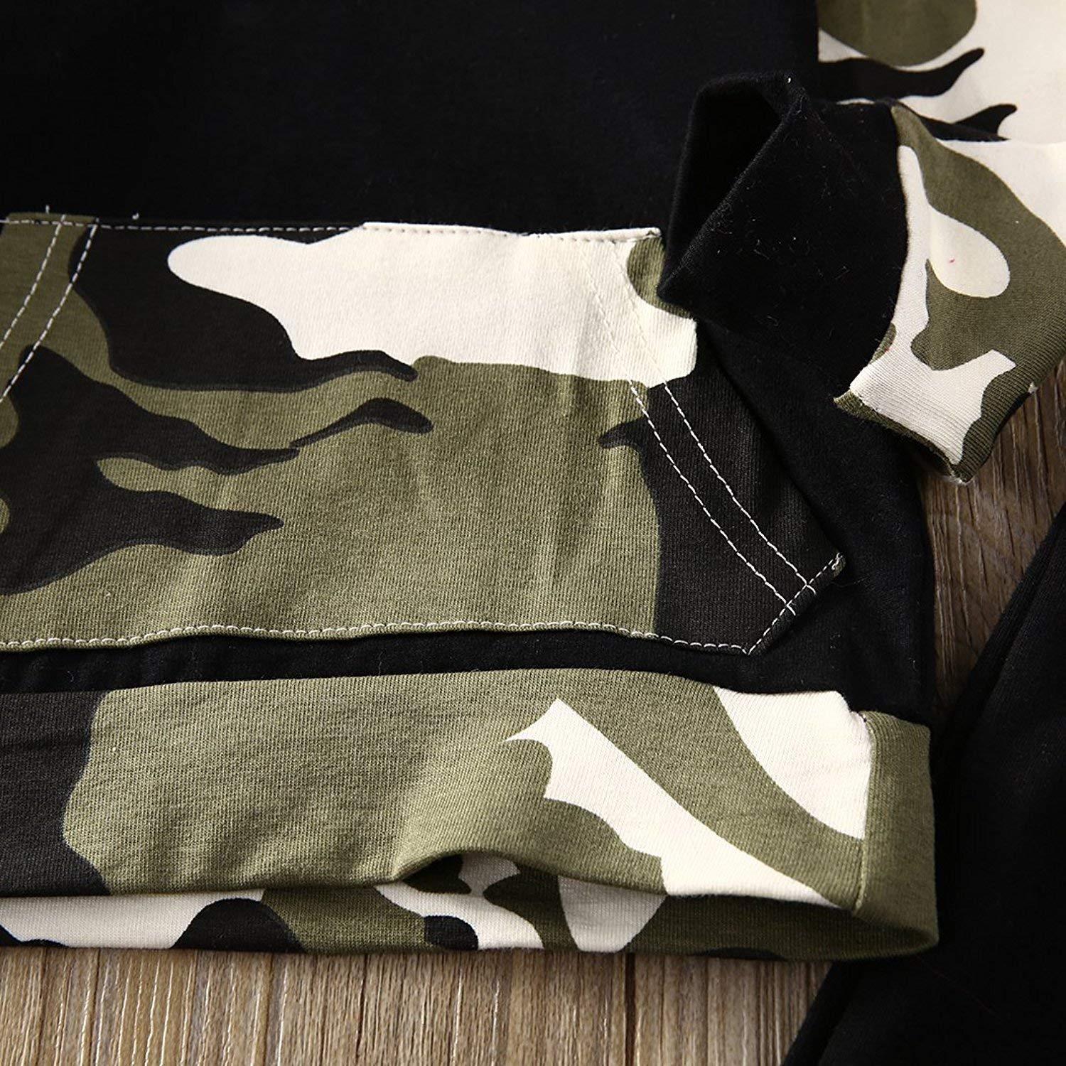 Conjunto de roupas infantis com capuz camuflado para meninos e calças compridas