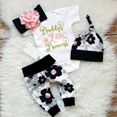 4pcs Letter Print Bodysuit+Floral Print Pants Baby Set