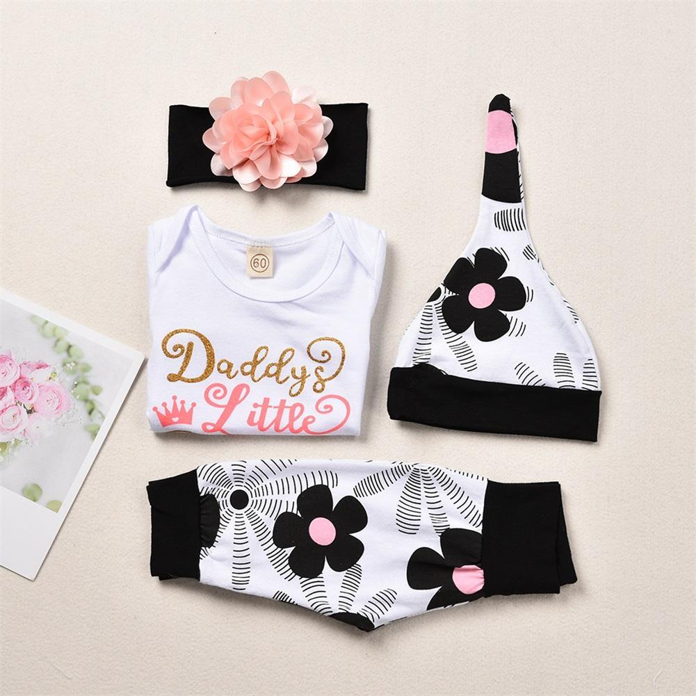 4pcs Letter Print Bodysuit+Floral Print Pants Baby Set