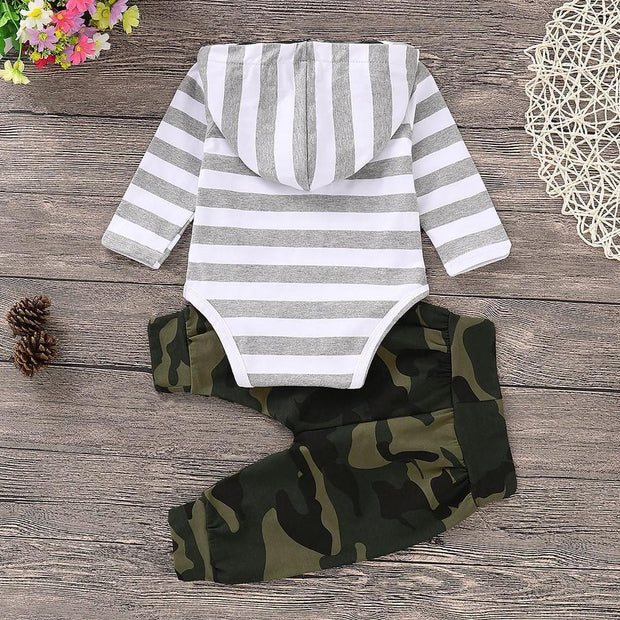 Baby Striped Camouflage Hooded Bodysuit and Drawstring Pants
