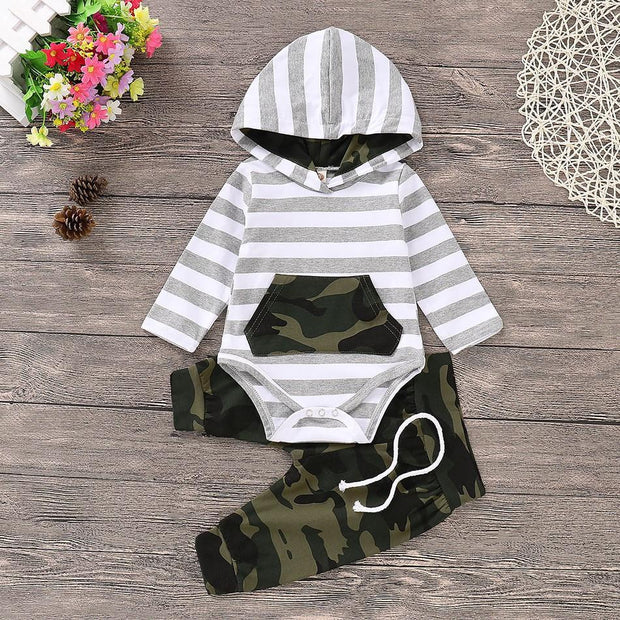 Baby Striped Camouflage Hooded Bodysuit and Drawstring Pants
