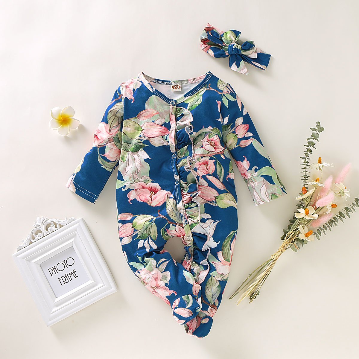 Baby Girl Lovely Floral Print Jumpsuit with Headband