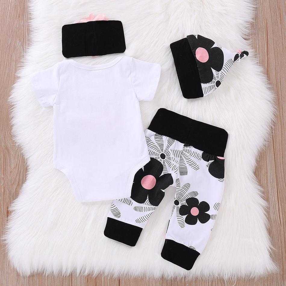 Conjunto de 4 peças com estampa de letras + calças com estampa floral para bebê