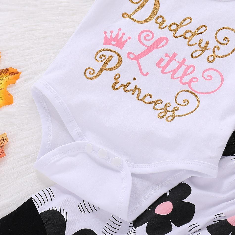 4pcs Letter Print Bodysuit+Floral Print Pants Baby Set