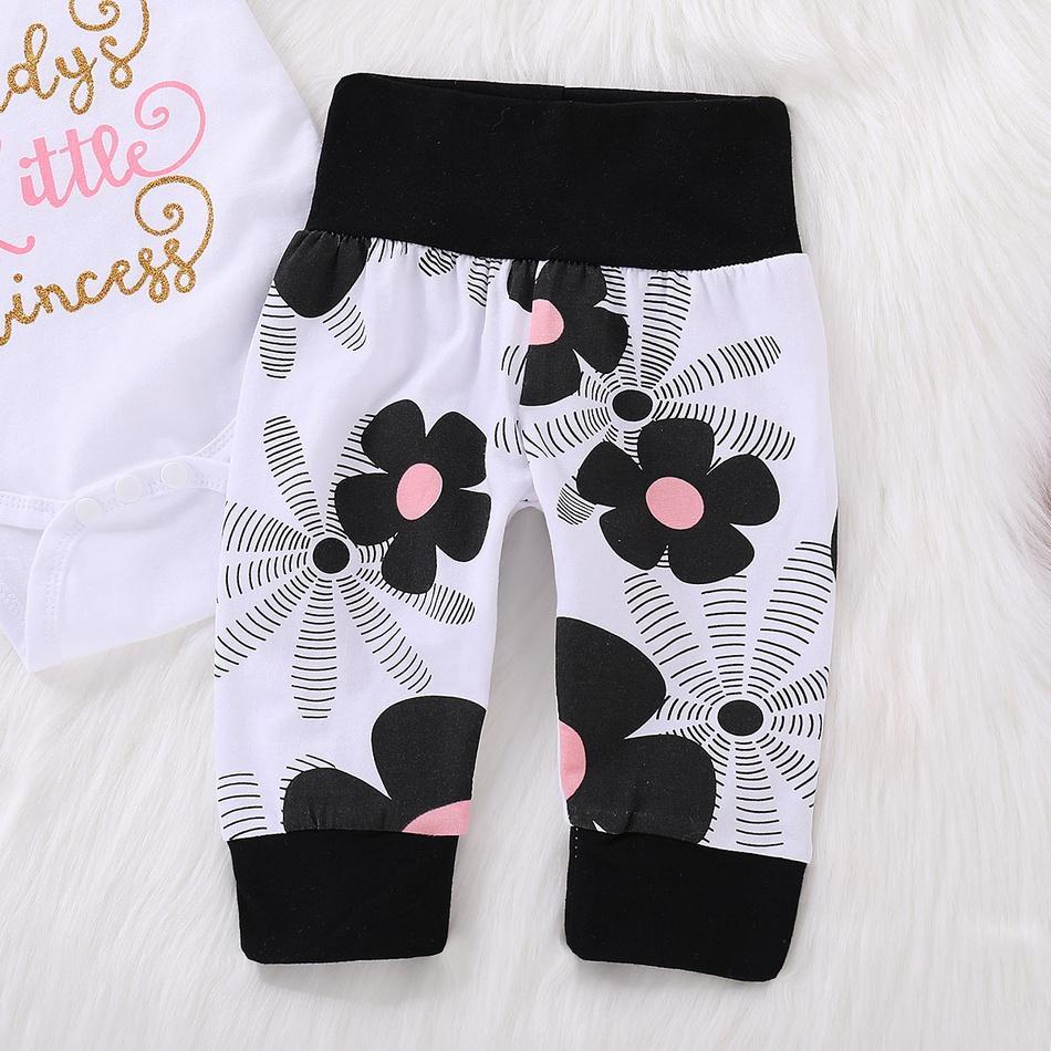 4pcs Letter Print Bodysuit+Floral Print Pants Baby Set