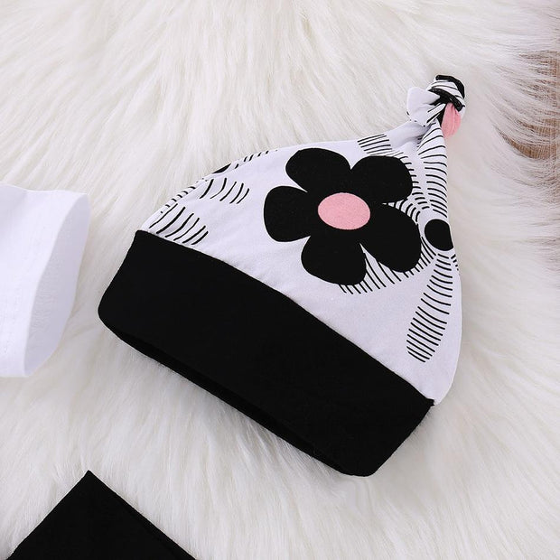 4pcs Letter Print Bodysuit+Floral Print Pants Baby Set