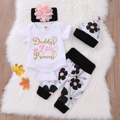 4pcs Letter Print Bodysuit+Floral Print Pants Baby Set