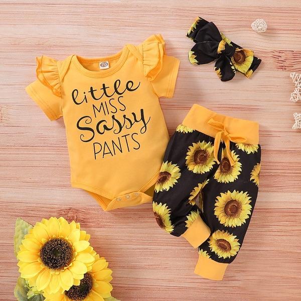 3PCS Sunflower Short Sleeve Letter Printed Bodysuit with Floral Printed Set