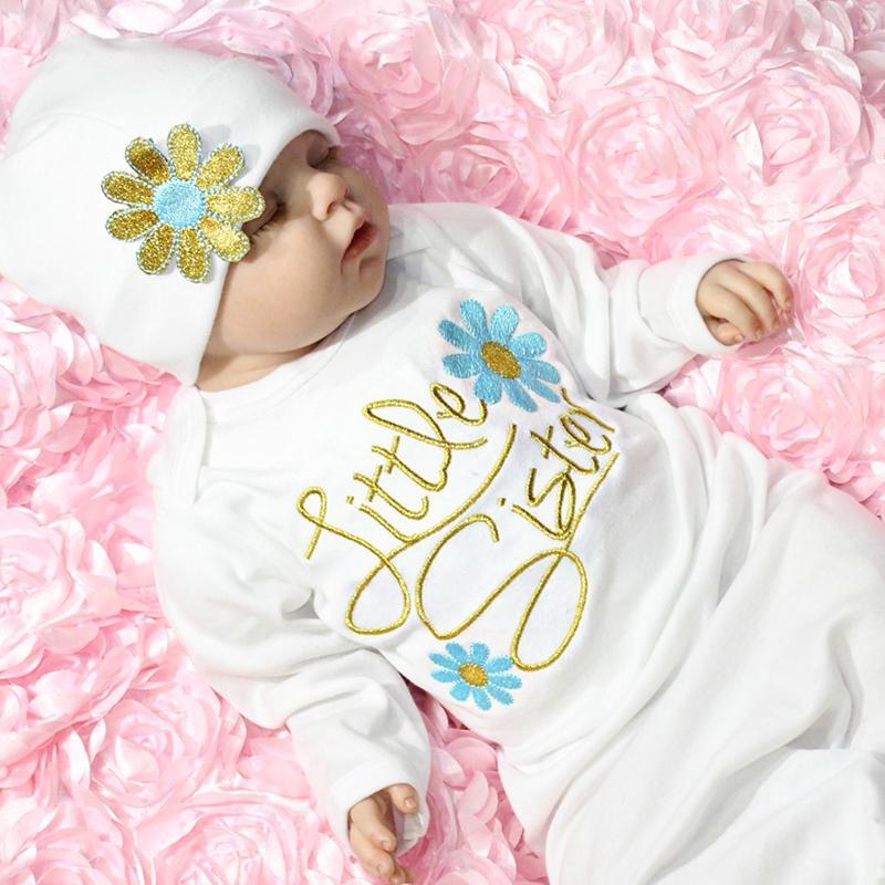 Pijama e chapéu com estampa floral para bebê recém-nascido irmãzinha