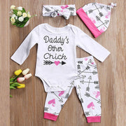 4 Pcs Newborn Baby Girl DADDY'S OTHER CHICK Print  Romper Outfit Pants Set +Hat+Headband